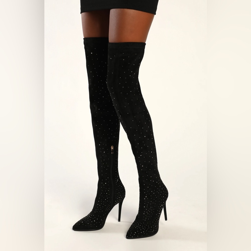 Black Suede Rhinestone Over-the-Knee Stiletto Boots
